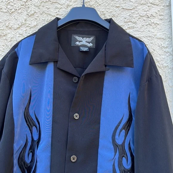 House of Blues Black/Blue Embroidered Flame Button up Men's Shirt Size XL - Picture 2 of 7